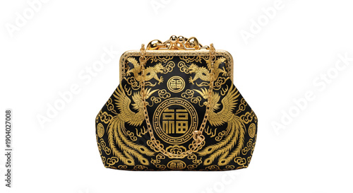 Ornate Handbag: A close-up shot of a meticulously crafted handbag, its surface adorned with intricate gold embroidery and elegant design.