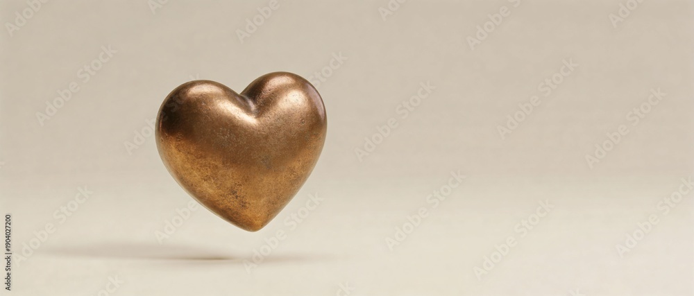 Obraz premium A single bronze heart sculpture floats gently against a soft, neutral background.