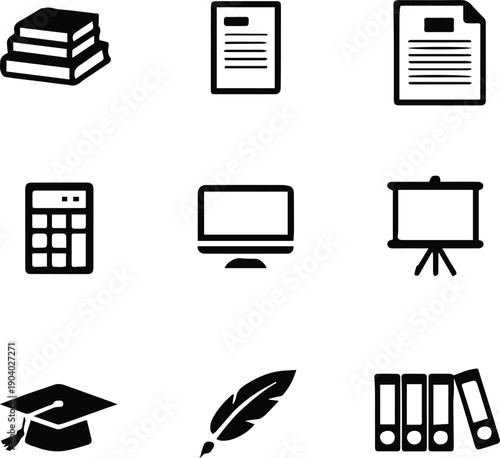 education study and research icons monitor calculator files