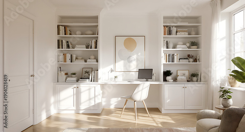 Bright and Minimalist Home Office Interior with Builtin Bookshelves.