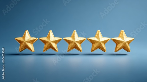 Five golden stars representing top performance on a blue background show high customer satisfaction and excellent service quality