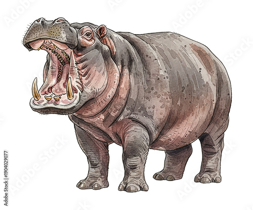 Large Hippopotamus Opening Mouth Wide Showing Big Tusks and Teeth in a Dynamic Watercolor Illustration