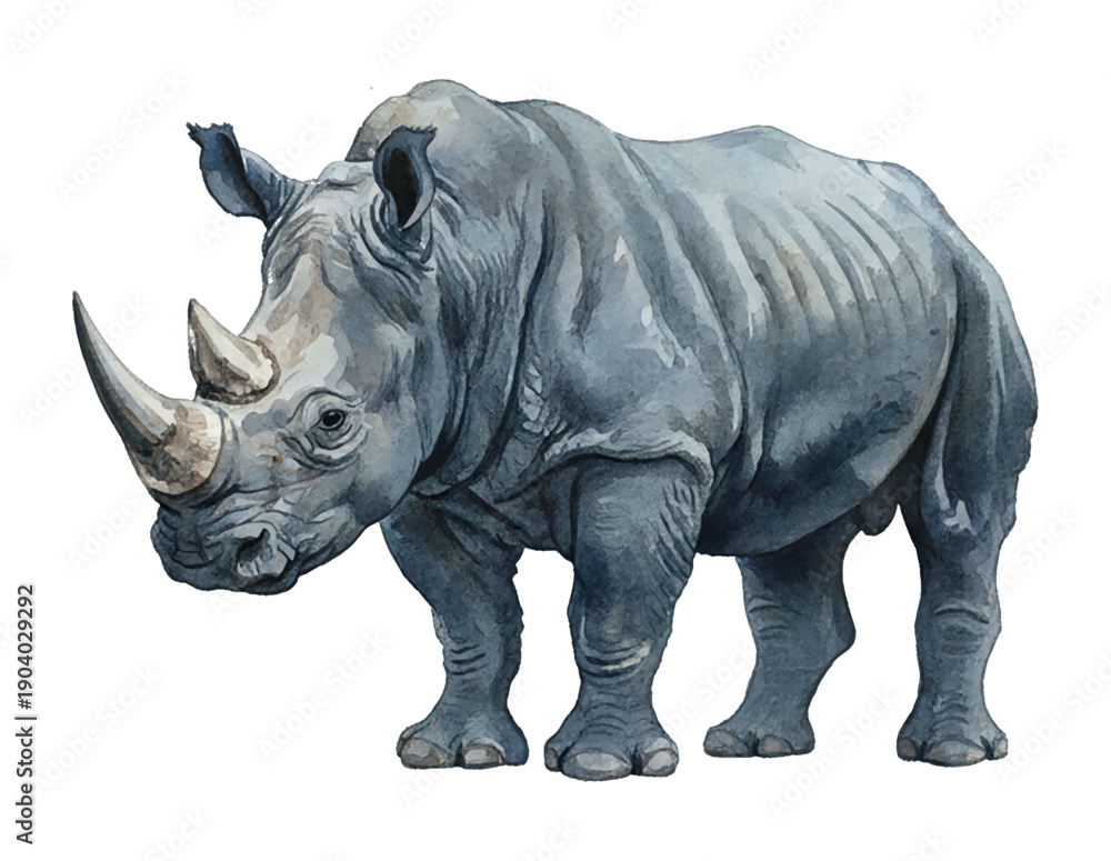Fototapeta premium Majestic Grey Rhinoceros Watercolor Illustration Standing Calmly with Two Horns on White