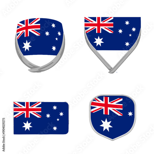 Collection Of Four Australian Flag Emblem Shapes Including Shield Crest And Rectangle On White Background Featuring Stars And Union Jack In National Colors Representing Patriotism And Identity