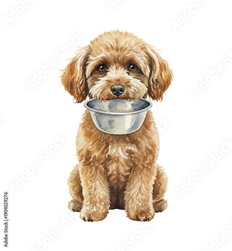 Adorable Brown Fluffy Dog Patiently Holding Empty Metal Food Bowl in Mouth Isolated Watercolor Art
