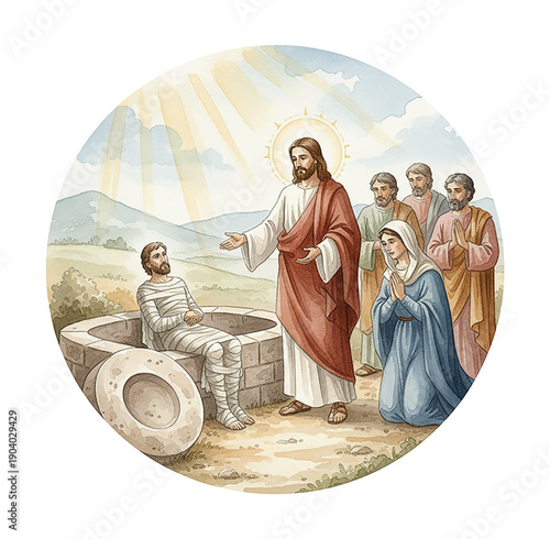 Caucasian Jesus healing a bandaged man with a kneeling woman and disciples under a bright sky