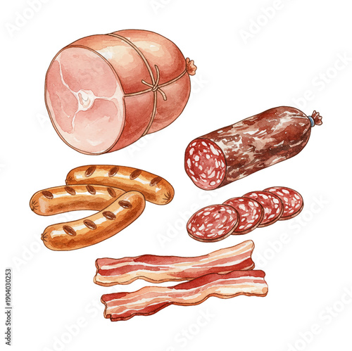 Delicious watercolor illustration of various processed meats ham salami sausages bacon
