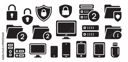 Cybersecurity data protection and storage vector icons computer network server device and folder security symbols