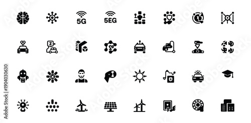 Smart city infrastructure sustainable energy and digital transformation icons set internet of things symbols