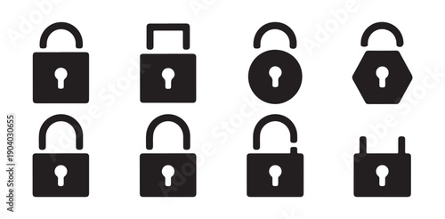 Set of black lock icons with keyholes for security safety concept isolated on white background flat