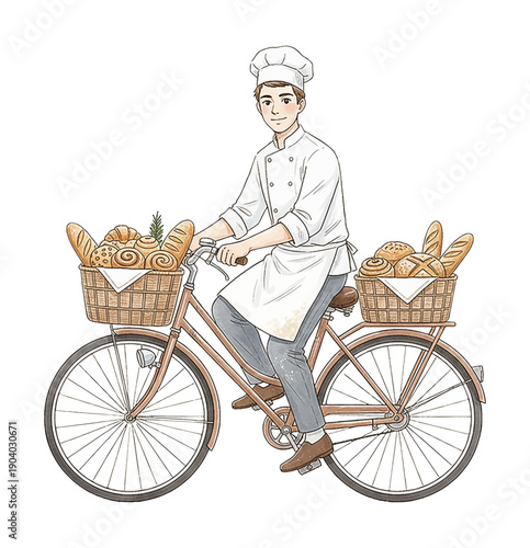 Young male baker cheerfully smiling riding vintage bicycle delivering fresh delicious bread and pastries