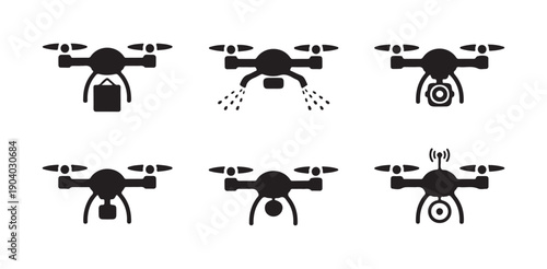 Modern drone technology icons for delivery agriculture surveillance and aerial photography services