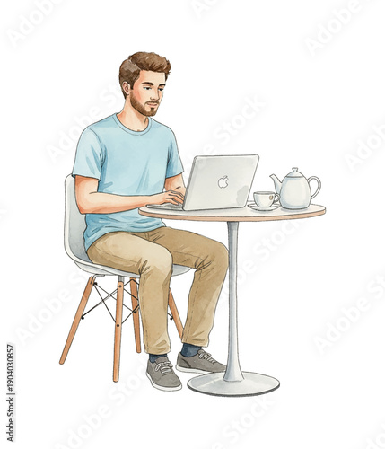 Caucasian man focused working on laptop computer at cafe table with teapot and teacup in a calm moment