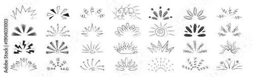 A collection of hand drawn shine sunburst sparkle ray elements. Round corner shine. Idea and exclamation symbol, explosion signs, surprise line frame for headline.