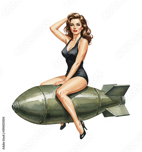 Confident Caucasian pinup woman sitting alluringly on a bomb wearing a black swimsuit and high heels