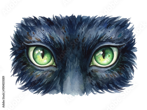 Vibrant intense green feline eyes with dark fur in a mysterious watercolor style illustration