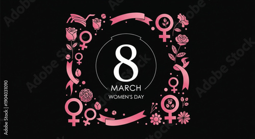 8 March Women’s Day Floral Frame – Feminine Symbols Celebration Poster Design