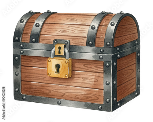 Wooden treasure chest with metal straps and golden padlock on white background watercolor artwork