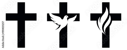 Simple graphic Christian cross symbols set featuring a plain cross, a cross with a dove, and a cross with a flame for religious themes