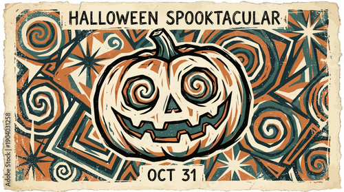 Retro Halloween Spooktacular Party Poster. Vintage Woodcut Jack-O'-Lantern Print Design with Psychedelic Swirl Background for October 31st.