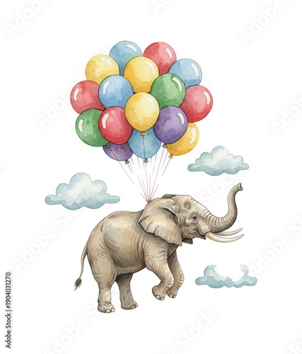 Happy Elephant Flying with Bright Colorful Balloons and Small Clouds in a Whimsical Watercolor Style Illustration