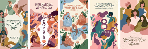 Vector set of diverse women with floral elements for International Women's Day. Artistic organic composition featuring feminine figures and flowers. Poster design for March 8