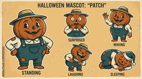 Retro Halloween Pumpkin Mascot Expressions Set. Vintage Cartoon Character "Patch" in Overalls: Standing, Surprised, Waving, Laughing, Sleeping.