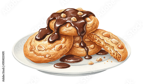 Delicious watercolor illustration of stacked cookies drizzled with rich chocolate syrup and crunchy nuts