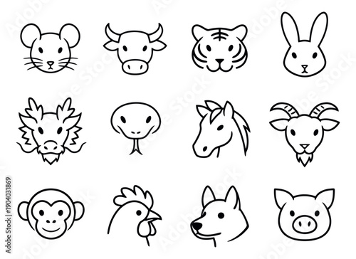 Hand drawn line art Chinese zodiac animal icon set featuring the twelve traditional lunar new year symbols for astrology and cultural designs