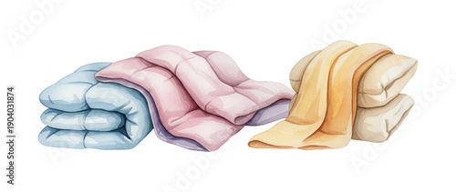 Colorful Watercolor Illustration of Stacked Pillows and Folded Blankets Home Comfort Items
