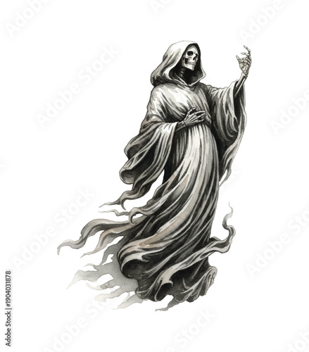 Ominous Grim Reaper Skeleton in Hooded Robe Standing with Raised Hand and Flowing Ethereal Garment Watercolor