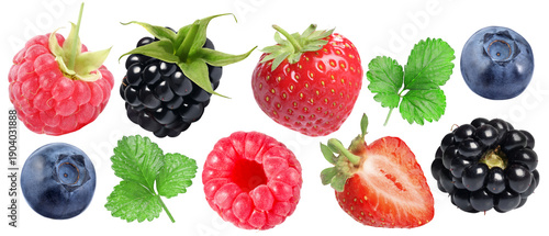 Fresh berries isolated on white. Set of strawberries, raspberries, blueberries and blackberries