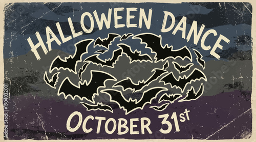 Retro Halloween Dance Party Poster. Vintage Grunge Invitation with Flying Bats Swirl and October 31st Event Details.
