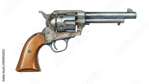 Classic Old West Revolver Handgun with Wooden Grip Painted in Watercolor Style Isolated on White