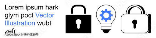 Cybersecurity, innovation, system protection, technology, encryption, privacy. Padlocks and a light bulb with a gear inside safeguarding ideas and technological security. Cybersecurity and innovation