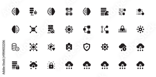 Artificial brain and cloud computing icon set for technology development and data sync operations