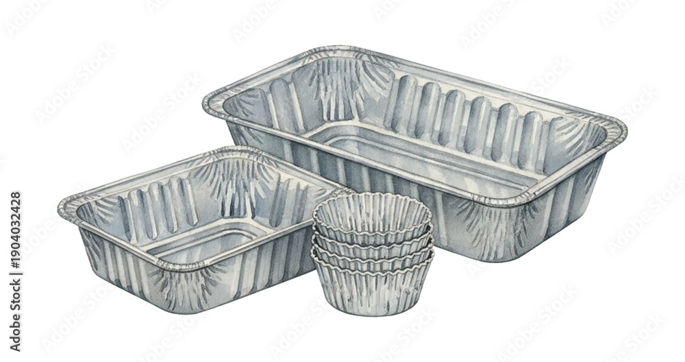 Obraz premium Two shiny aluminum foil baking pans and a stack of small cupcake liners in watercolor art style