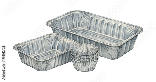 Two shiny aluminum foil baking pans and a stack of small cupcake liners in watercolor art style