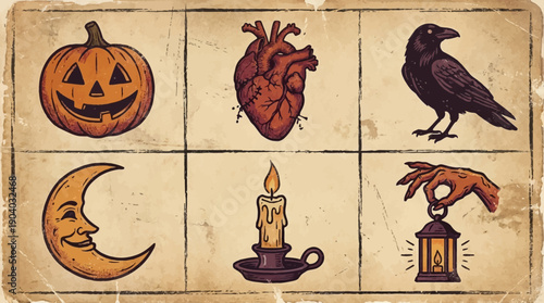 Vintage Halloween Symbols Grid: Retro Occult Icons on Aged Paper. Jack-o'-lantern, Raven, Anatomical Heart, Candle, and Crescent Moon Illustration Set.