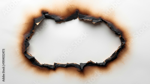 A realistic burnt paper hole effect depicted on a clean white background, characterized by irregular torn edges and dark scorch marks transitioning into a soft smoky gradient.