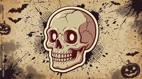 Vintage Halloween Skull Sticker Illustration on Grunge Background with Ink Splatters, Bats, and Jack-o'-Lanterns – Retro Horror Mascot Design.