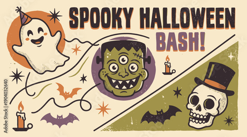 Retro Spooky Halloween Bash Poster Vector. Vintage Cartoon Ghost, Frankenstein Monster, and Skull Illustration for Party Invitation or Banner.