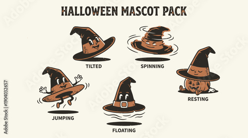 Cute Retro Halloween Mascot Pack of Witch Hats and Pumpkin Characters in Various Poses: Tilted, Spinning, Jumping, Floating, Resting.