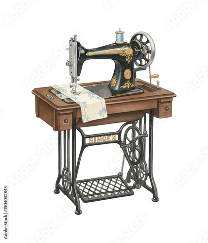 Antique Singer sewing machine with wooden table and ornate golden details a vintage illustration