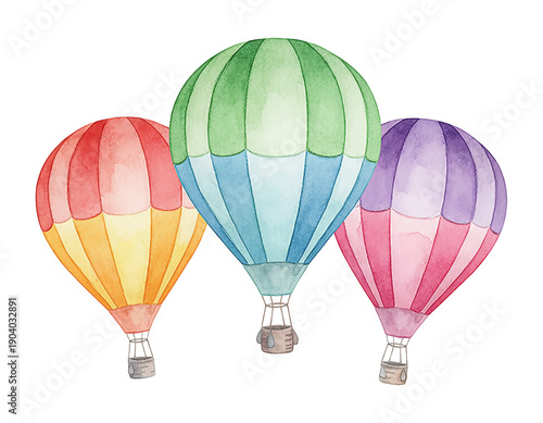 Three colorful hot air balloons flying in a beautiful watercolor illustration style