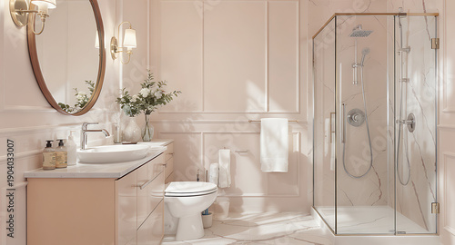 Elegant Modern Bathroom Interior with Shower and Vanity.