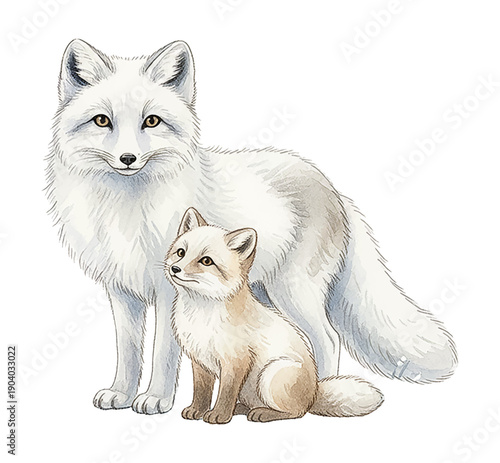 An elegant white arctic fox stands with its adorable light brown cub showing a gentle calm expression