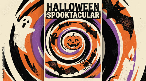 Retro Halloween Spooktacular Poster Template. Vintage Party Invitation Design with Jack-o'-Lantern, Bats, and Ghosts on Distressed Grungy Texture.