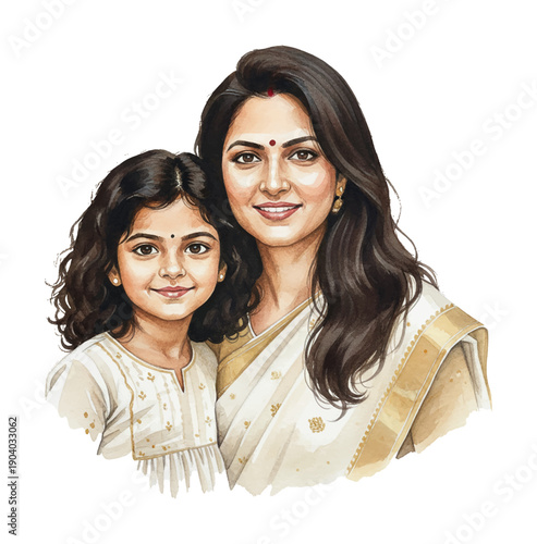Indian mother and daughter happily smiling together posing for a portrait in traditional attire