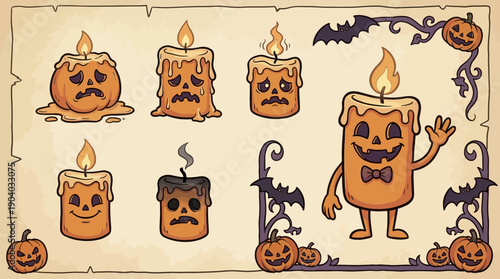 Vintage Halloween Candle Characters Set. Cartoon Jack-o'-Lantern Emblems, Melting Wax, and Spooky Faces on Aged Parchment Background.